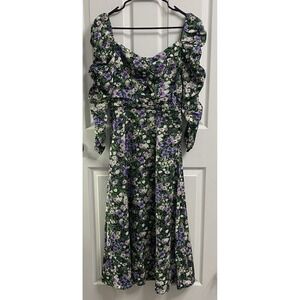ASTR Purple&Green&White Floral Long Sleeve MIDI Dress Sz.M Criss Cross At‎ Chest